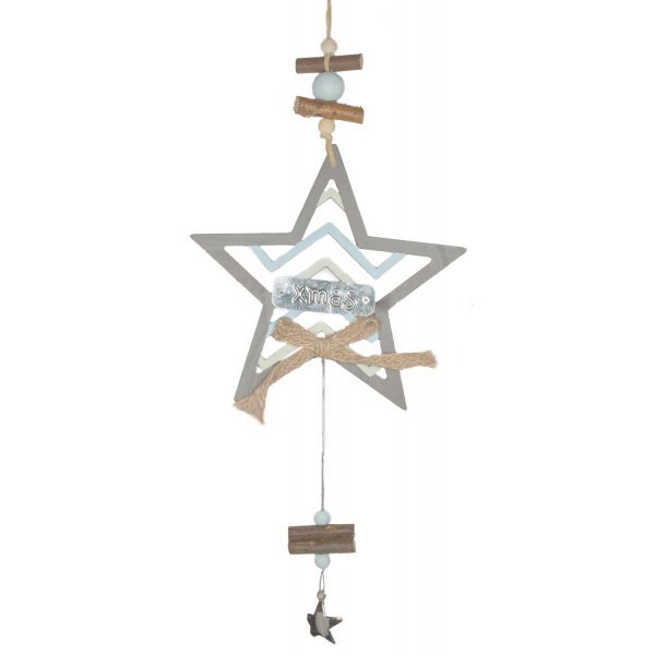 Χριστουγεννιάτικο Κρεμαστό Ξύλινο Αστέρι Ασημί, με Επιγραφή "X-MAS" (36cm)